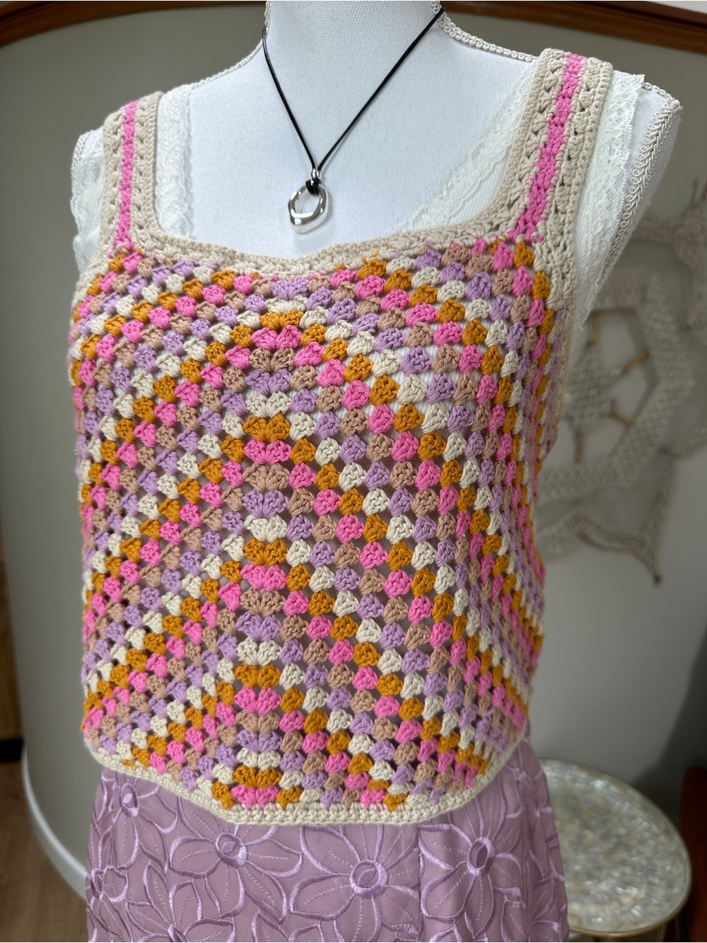 Cotton Emporium Multicolor chevron Crochet Knit tank Top